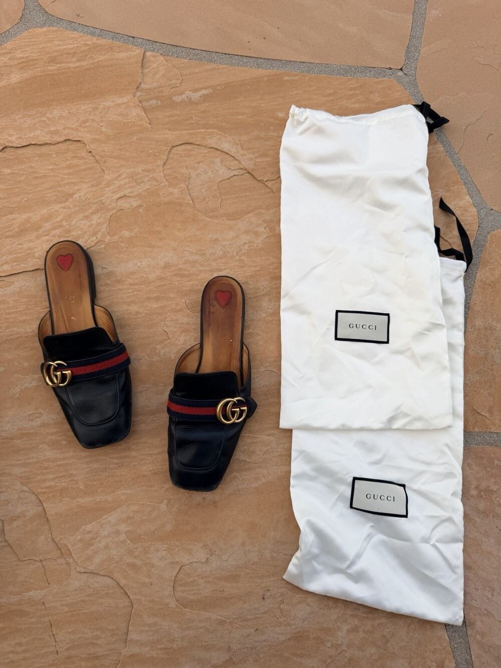 Gucci Black Leather Peyton Square Toe Striped Web Double GG Mules Size 38.5 RG